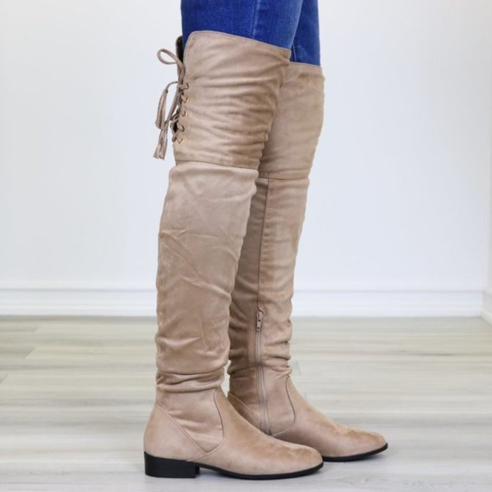 Tan Suede Thigh High Flat Boot With Lace Up Back - Picture 10 of 14